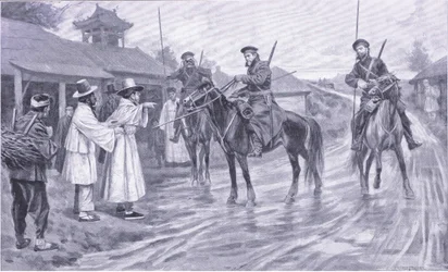 Escoteiros cossacos reunindo informações de um prisioneiro coreano, ilustração deCassells História da guerra russo-japonesa vol 1, c.1900