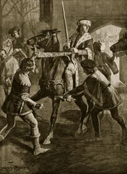 Edward IV foge da mansão do arcebispo em Hertfordshire, em 1470, ilustração da "Hutchinson&39;s Story ofthe British Nation", c.1923
