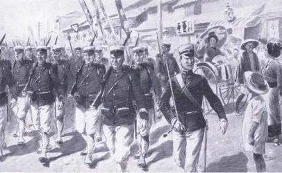 Marcha japonesa através de Tokio, ilustração fromCassells História da guerra russo-japonesa Vol 1, c.1900