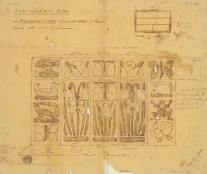 Design para caixa de papelaria em Macassar Ebony incrustada com madrepérola, 1904