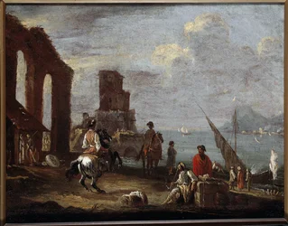 Paisagem com ruínas perto do mar Pintura de Ernesto Monsu Daret (século XVII) Sol 40x50 cm Genes, Musei di Strada Nuova (ex Palazzo Bianco)