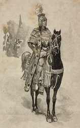 Duque de Aosta Emanuele Filiberto de Saboia em traje de Umberto Biancamano no torneio da Villa Borghese por ocasião das bodas de prata de Umberto I e Margherita de Saboia, Roma, Itália
