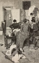 El me dise la so rossa, mulher lendo carta, de pintura de Giacomo Favretto, gravura de Ernesto Mancastropa de L