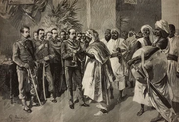General Tancredi Saletta oferecendo espada ao Kantibai, Chefe de Abab, Massawa, Guerra da Eritreia, gravura de Ernesto Mancastroppa de desenho de G Amato, de L