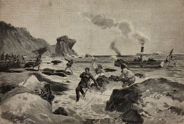Morte do tenente Carlo Zavagli (1867-1890) em Warsheikh, na Somália, 24 de Abril, gravura de Ernesto Mancastropa a partir de um desenho de Gennaro Amato, de L