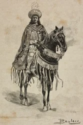 Príncipe de Nápoles em traje de Grão-Mestre da Ordem da Anunciação no Torneio da Villa Borghese por ocasião das bodas de prata de Umberto I e Margherita de Saboia, Roma, Itália