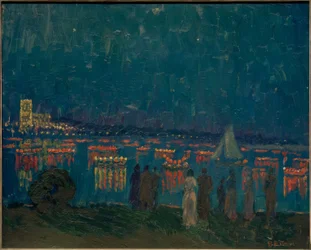 Desfile de lanternas no Außenalster com a Uhlenhorster Fährhaus ao fundo