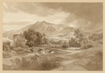 Vista de Tivoli, com o Anio em primeiro plano, a Ponte Lucano e o túmulo dos Plautii