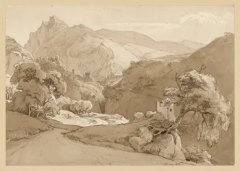 Paisagem montanhosa italiana, com a ruína de um templo circular no plano intermédio