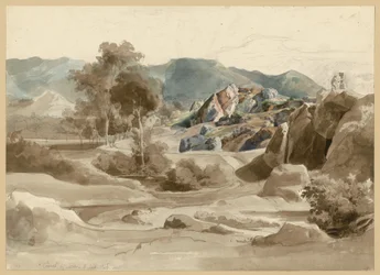 Paisagem italiana com ribeiro, árvores e uma casa junto ao caminho, e uma formação rochosa escarpada. Camel perto de Sora