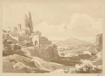Paisagem nos Montes Albanos, com um portão e uma igreja na elevação à esquerda