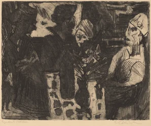 Mulheres em uma mesa em uma sala recto Mulher Nua verso, 1920.