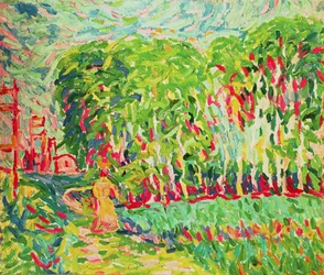 Uma mulher em uma madeira de bétula
