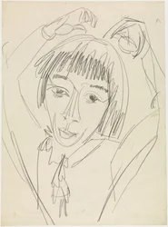 Retrato de Gerda de meio corpo, com os braços levantados