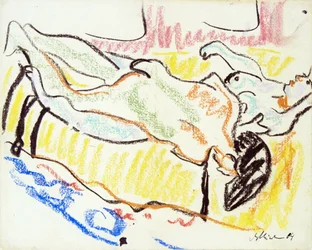 Casal apaixonado na oficina. Dois nus. (Amor Casal No Estúdio. Dois Nus). Obra de Ernst Ludwig Kirchner (1880-1938), pastel sobre papel