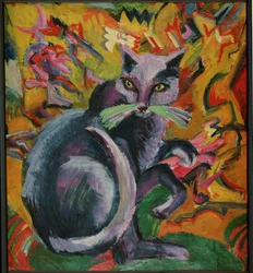 Gato cinzento numa almofada (pintura sobre tela)