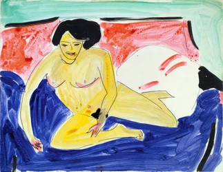 Sentados nus em Divan. Trabalho de Ernst Ludwig Kirchner (1880-1938), aguarela e tinta sobre papel
