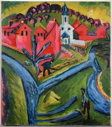 Aldeia com estradas azuis (pintura sobre tela)