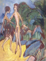 Jovem e rapariga nua na praia, 1913