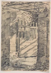 Um portão de jardim aberto sombreado por folhas de videira