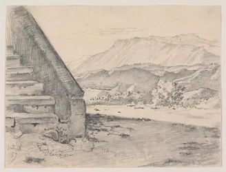 Prospect com uma escada t.v. e t.h. vista de uma paisagem de montanha