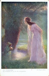 O Príncipe Sapo dá à Princesa a bola de ouro que encontrou na lagoa. (Início do século XX)