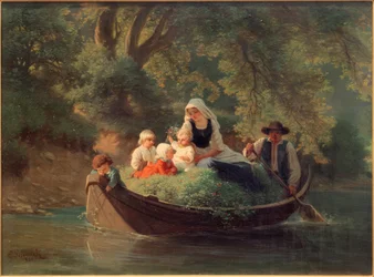 Família camponesa em um barco