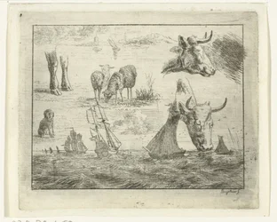 Folha de estudo com uma paisagem marinha, duas cabeças de vaca, ovelha, um cachorro e duas pernas