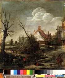 Inverno (inverno). Pintura de Esalas van de Velde (1591-1630). Óleo sobre madeira, 37,5 x 35,5 cm