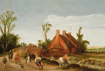 Uma paisagem arborizada com viajantes em uma pista, 1624
