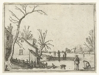 Casa de campo por rio congelado e patinadores no gelo
Pequenas paisagens (título da série)