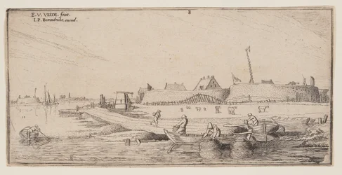 Pescadores em barcos a remos diante de uma cidade murada, de Paisagens