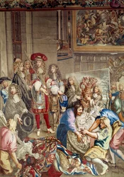 Visita de Luís XIV à Manufacture des Gobelins, na presença de Jean Baptiste (Jean-Baptiste) Colbert (1619-1683) (em perfil, à direita do rei) e do pintor Charles Lebrun (Le Brun) (1619-1690), 15 de Outubro