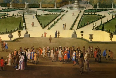 Passeio de Luís XIV (1638-1715) com vista para o parterre norte nos jardins de Versalhes, pormenor. Cerca de 1688. Sol. 2,3 x 2,9 m