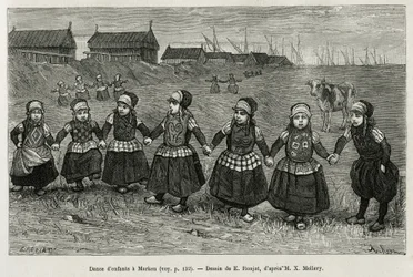 Danças infantis em Marken (Holanda), gravadas após um desenho de E.Ronjat, para ilustrar a história do Neerlande, de Charles de Coster, em 1878, publicado no tour du monde, sob a direção de Edouard Charton