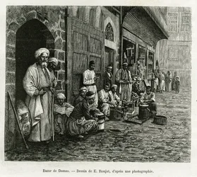 O bazar de Damasco. Gravura de E.Ronjat, para ilustrar a história La Syria d