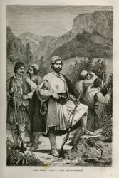 Brigadeiros e pastores gregos, cúmplices nas montanhas, desenhados por E.Ronjat, para ilustrar a história de Henri Belle: Viagem à Grécia