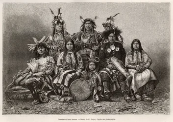 Guerreiros indianos e suas esposas (Texas). Gravura após o desenho de E.Ronjat, para ilustrar a história La conquete blanche, de William Hepworth Dixon, em 1875, publicada em "Le tour du monde" 1876, editada por Edouard Charton, edição Hachette, Paris.