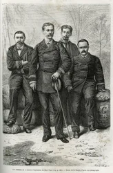 Membros da missão de exploração: (da esquerda para a direita:) Sr. Pietri, tenente de artilharia, encarregado da condução do comboio, Comandante Gallieni, autor da história, Dr. Tautain, médico da marinha, recruta pelos seus conhecimentos de etnografia e n