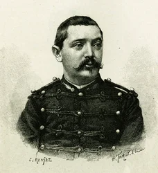 Retrato do Capitão Pietri, da artilharia naval, durante a expedição a África 1879-1882, sob o comando de Gallieni. Gravura de E. Ronjat, a partir de uma fotografia, para ilustrar a história "Exploração do Haut Niger" (Haut Niger) por