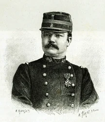 Retrato do Capitão Valliere, da infantaria naval, durante a expedição a África sob o comando de Gallieni. Gravura de E.Ronjat, após fotografia, para ilustrar a história "Exploração do Haut Niger" (Haut Niger), pelo Comandante