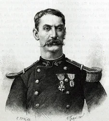 Retrato do Comandante Joseph Gallieni, durante a expedição em África (1879-1882). Gravura de E. Ronjat depois de uma fotografia, para ilustrar a história "Exploration du Haut Niger (Haut Niger)" (actual Mali) do Comandante Joseph Gallieni (1849-1916) de th