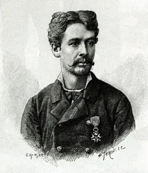 Retrato do Doutor Tautain, durante a expedição a África 1879-1882, sob o comando de Gallieni. Gravura de E. Ronjat, a partir de uma fotografia, para ilustrar a história "Exploração do Haut Niger" (Haut Niger), do Comandante Joseph Gallien.