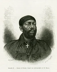 Retrato do Príncipe Menelik II da Etiópia (1844- 1913). Gravura de Ronjat, depois de uma fotografia, para ilustrar a história Voyage au Choa (Abyssinie meridionale)