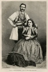 Retratos do príncipe Nicolau I Petrović-Njegoš do Montenegro (1841-1921) e da sua mulher Milena, nascida Vukotić (1847-1923), desenho de E. Ronjat para ilustrar a viagem ao Montenegro, em 1874, de Charles Yriarte (1832-1898). Gravura em Le Tour du