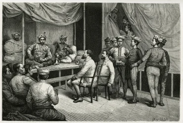Recepção de viajantes no palácio do sultão de Soulou (ou Sulu) (arquipélago das Filipinas), Mohammed Yamalul Alam. Gravura de E.Ronjat, para ilustrar a história "Journey to the Philippines".
