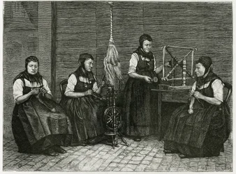 Espalhadores Sondernach, descrição dos diferentes estágios de fiação, mão, fuso e fuso. Gravura de E.Ronjat, para ilustrar a história "Atravers l