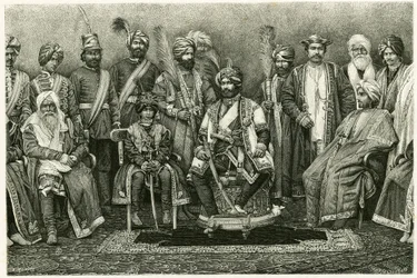 O marajá de Caxemira, Rambhir Sing e a sua corte. Gravura de E. Ronjat, para ilustrar a história "Retrato de uma mulher parisiense no Himalaia Ocidental", em 1881, de Marie de Ujfalvy-Bourdon (Ujfalvy Bourdon). Publicado no Tour du monde, 2º semestre