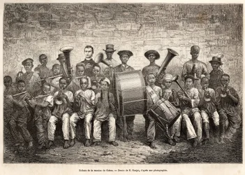 A banda das crianças da missão do Gabão. Gravura após o desenho de E.Ronjat, para ilustrar o cruzeiro na costa da África, do Vice-Almirante Fleuriot de Langle, em 1868, publicada em "Le tour du monde" 1876, editada por Edouard Charton, Hachet
