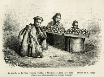 O comerciante do pão, aos pés da Porta Oriental das Flores do Palácio Imperial, em Pequim, uma cena actual da vida quotidiana. Gravura após o desenho de E.Ronjat, para ilustrar a viagem a Pequim e ao Norte da China, de T. Choutze, em 1873, publicada em
